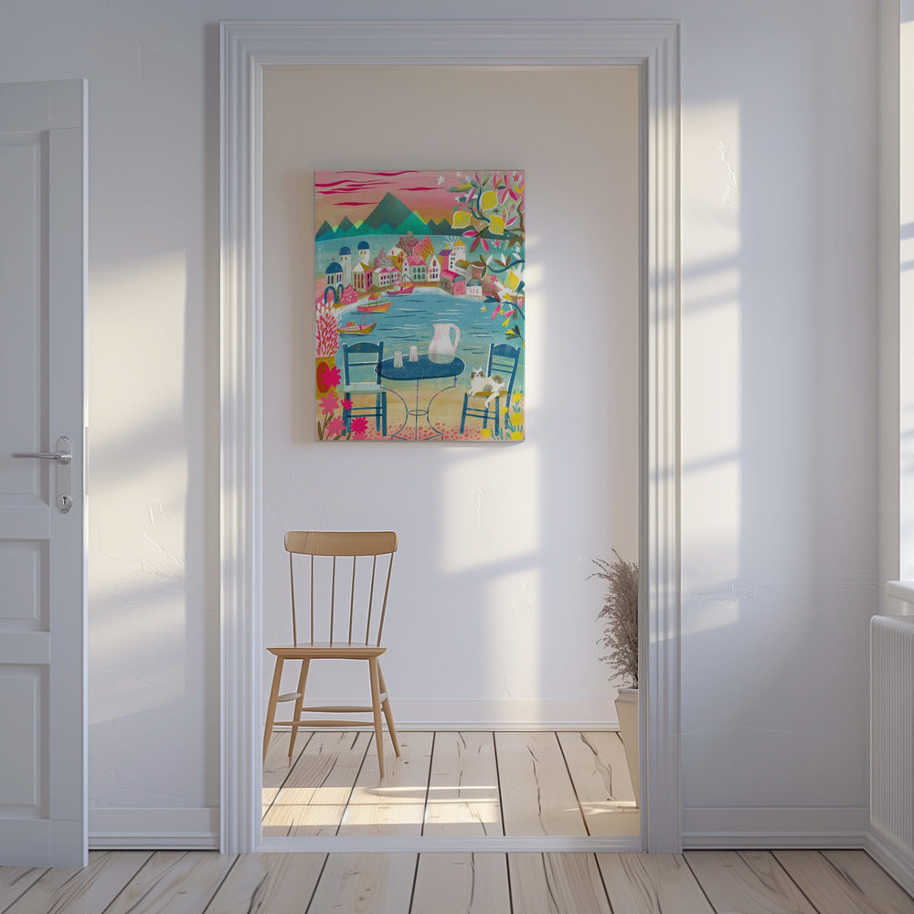 Greek Tavern With Cat Under Lemon Tree | Canvas