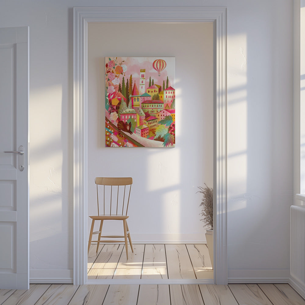 Italian Village With Cat On Wall | Canvas