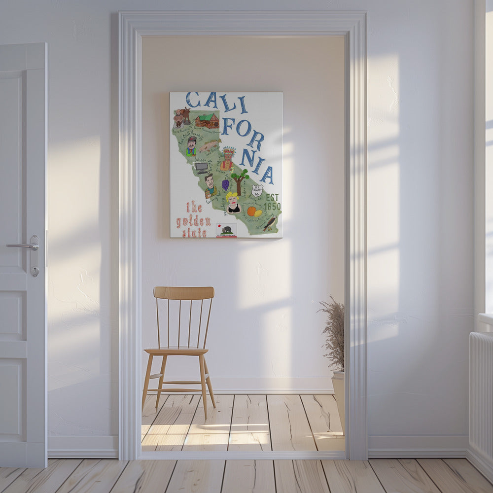 Ilustrowana mapa Kalifornii z ikonami stanów autorstwa Carli Daly | Wydruki na łótnie