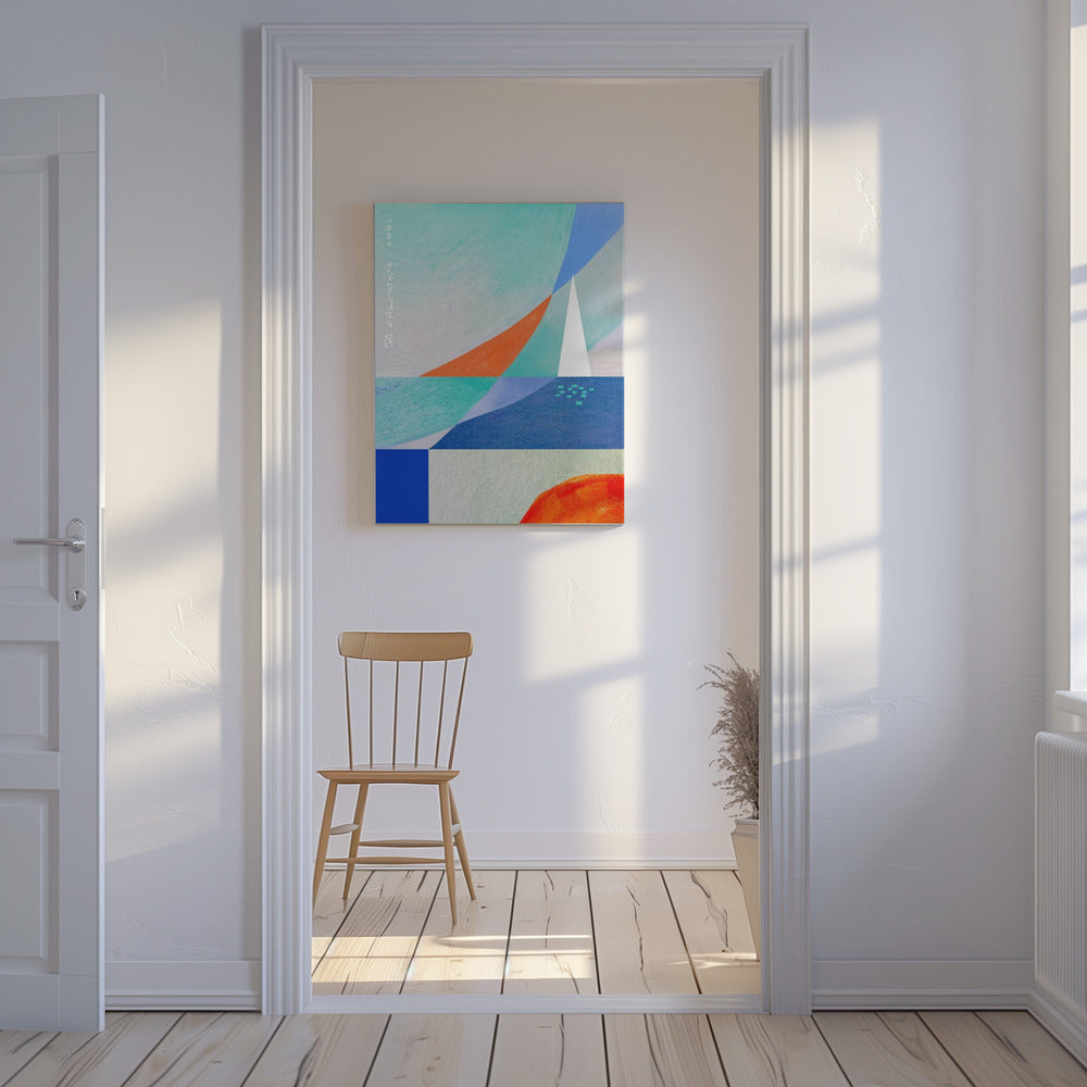 Abstrakte Meereslandschaft mit weißem Segelboot am Mittelmeer, Wandkunst an der französischen Riviera | Leinwand-Bilder