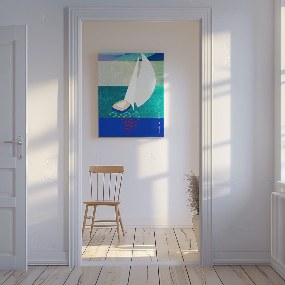 Hvid sejlbåd på den franske riviera med refleksioner over havet | Lærredsbilleder