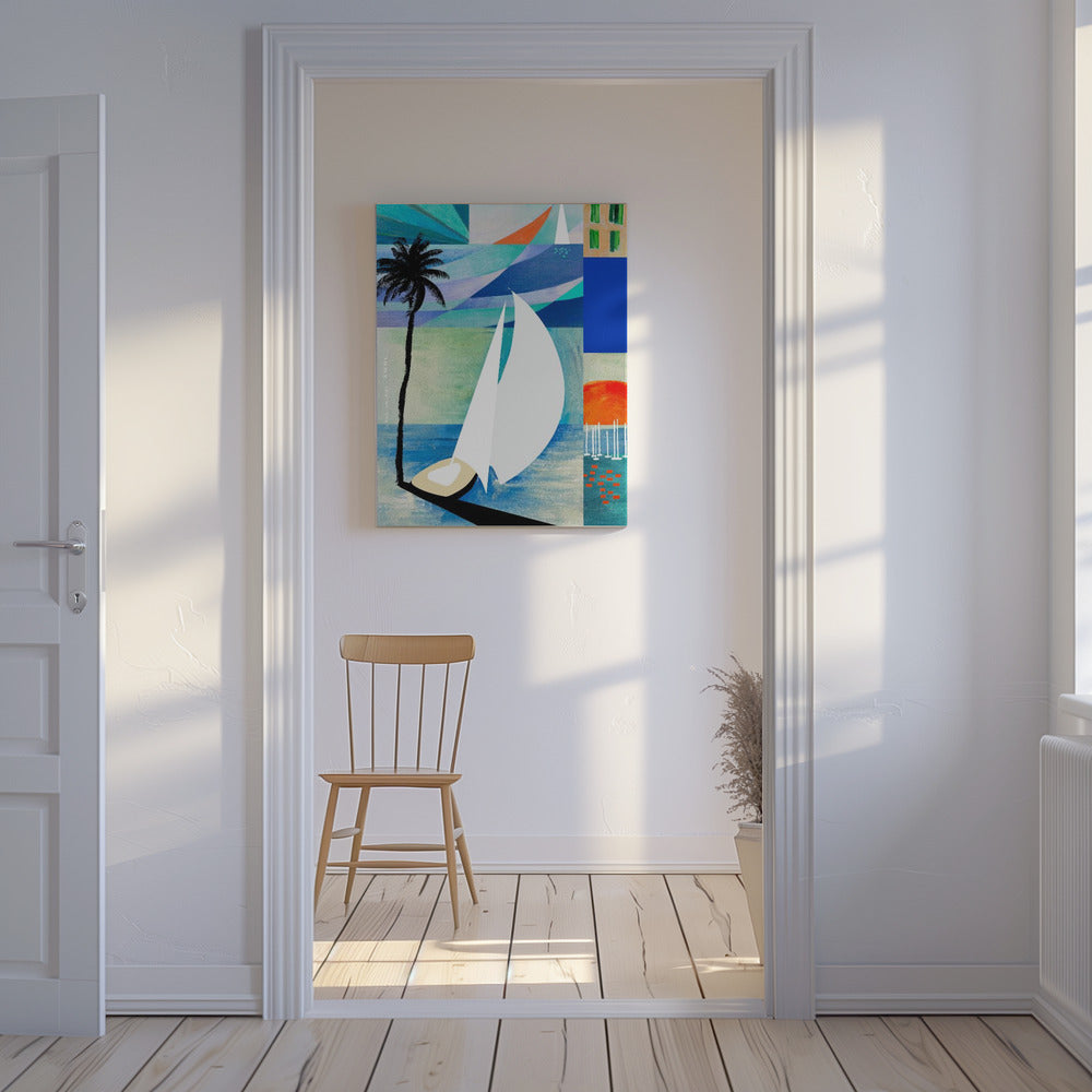 Farbenfroher mediterraner Reisekunstdruck mit Sonnenaufgang und Palme | Leinwand-Bilder