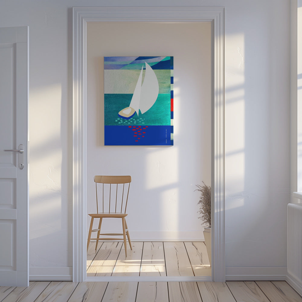 Weißes Segelboot mit Reflexionen, abstrakte Meereskunst mit grafischen Streifen | Leinwand-Bilder