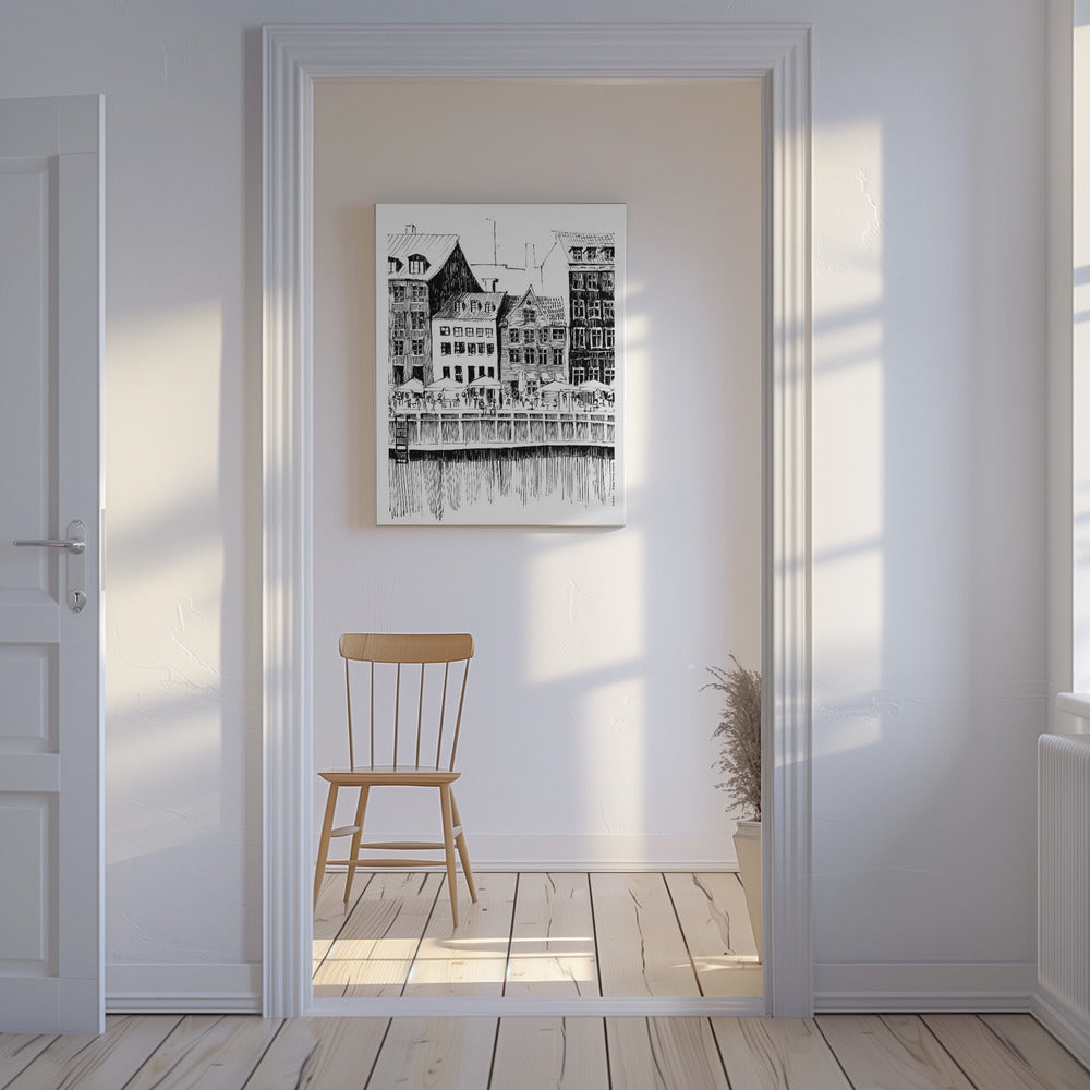 Kopenhagen Kunstdruck, Dänemark Reiseillustration mit Cafés am Wasser | Leinwand-Bilder