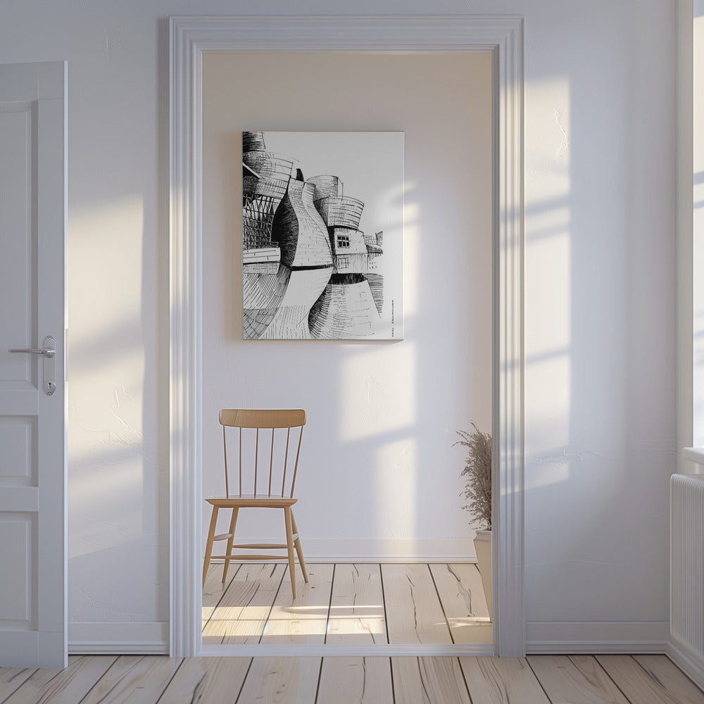 Guggenheim-Gebäude in Bilbao, Zeichnung moderner Architektur | Leinwand-Bilder