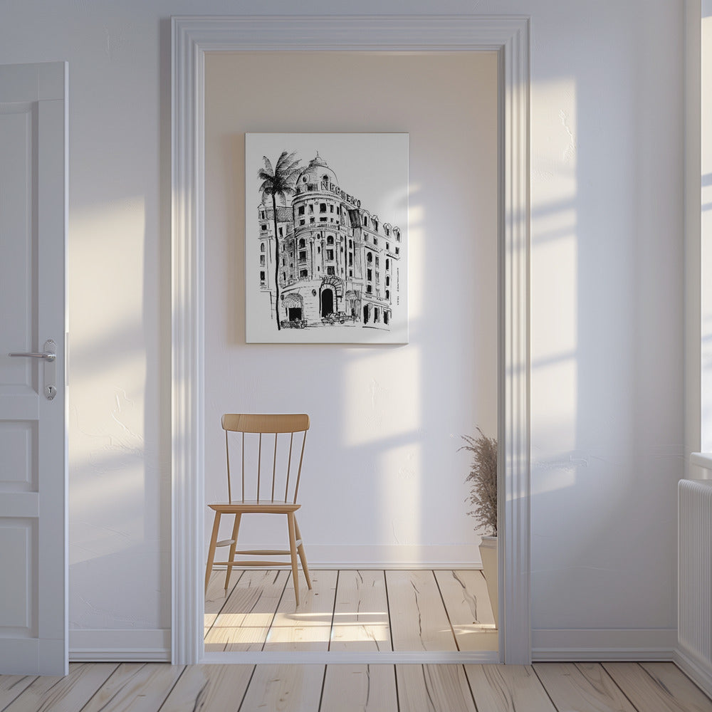 Kunstdruck von Nizza, Französische Riviera mit Architekturzeichnung des Negresco Hotels | Leinwand-Bilder