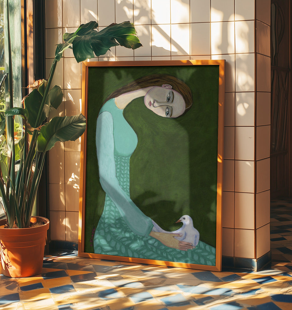 Dame sitzt mit weißer Taube Vogel Frau | Poster