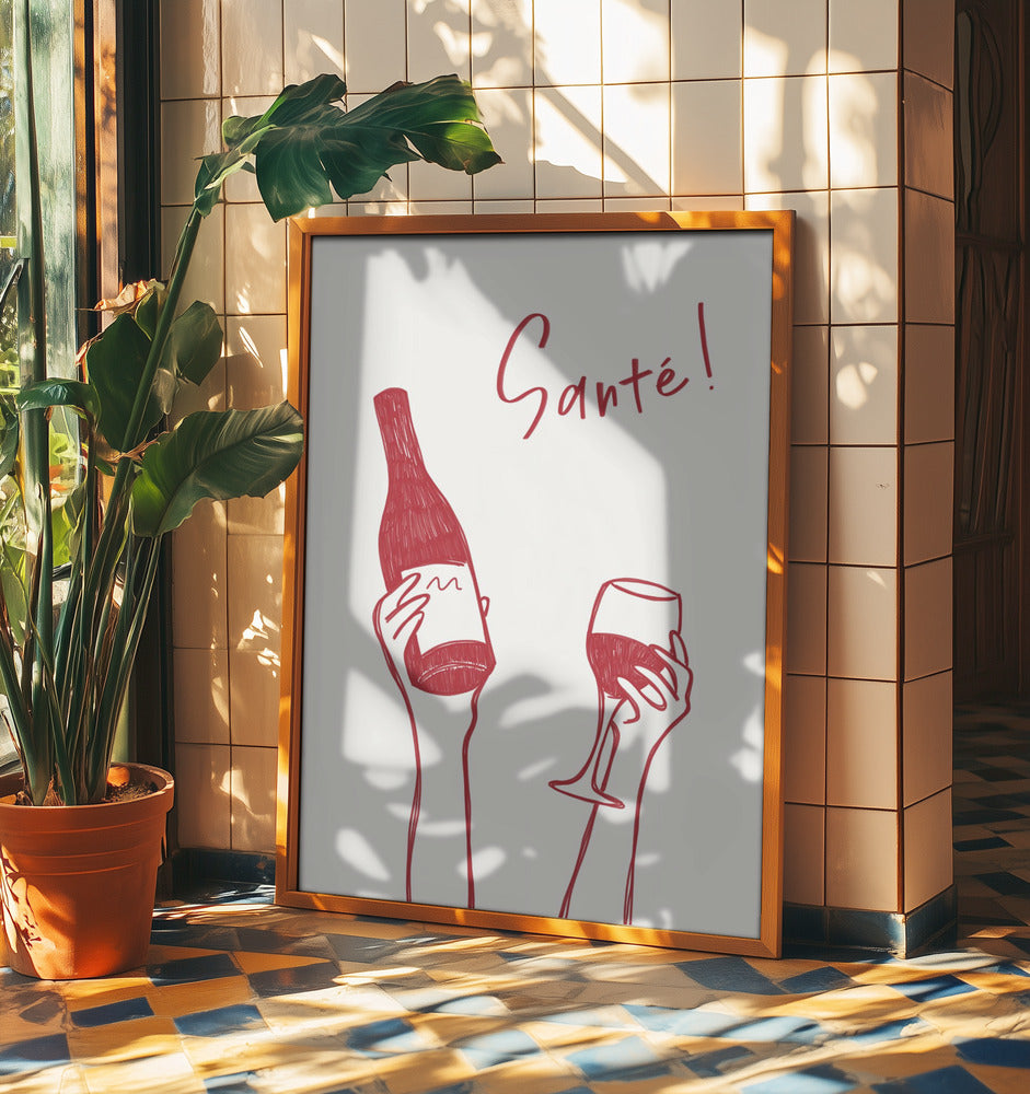 Hände halten eine Weinflasche und ein Weinglas mit dem Text „Prost!“ auf Französisch | Poster