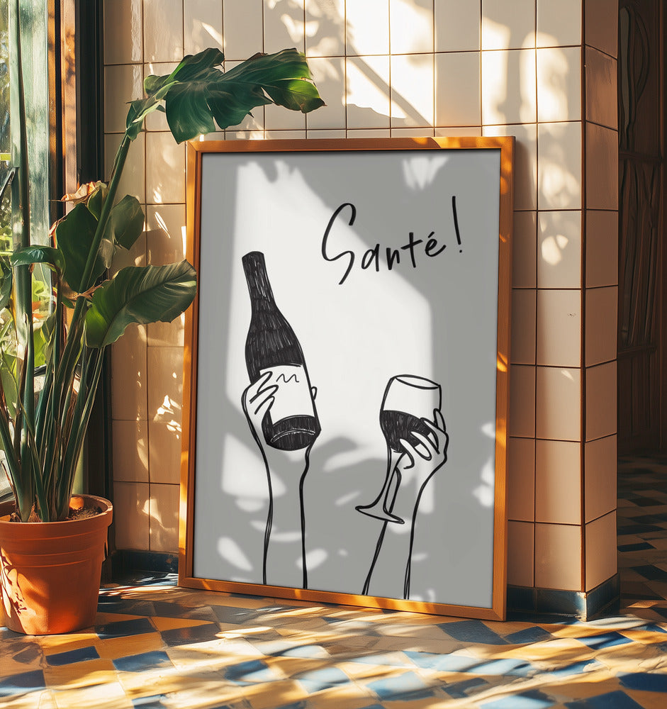 Hände halten eine Weinflasche und ein Weinglas mit dem Text „Prost!“ auf Französisch | Poster