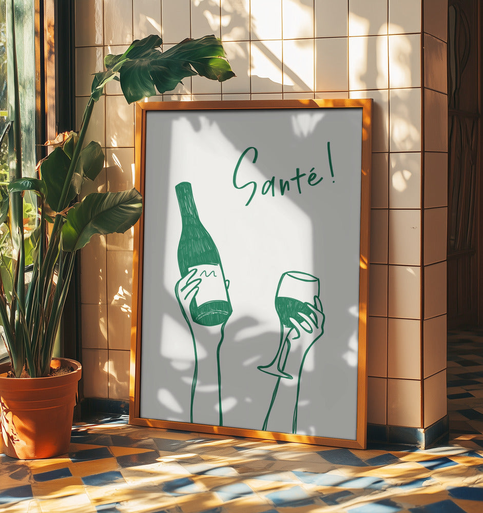 Hände halten eine Weinflasche und ein Weinglas mit dem Text „Prost!“ auf Französisch | Poster