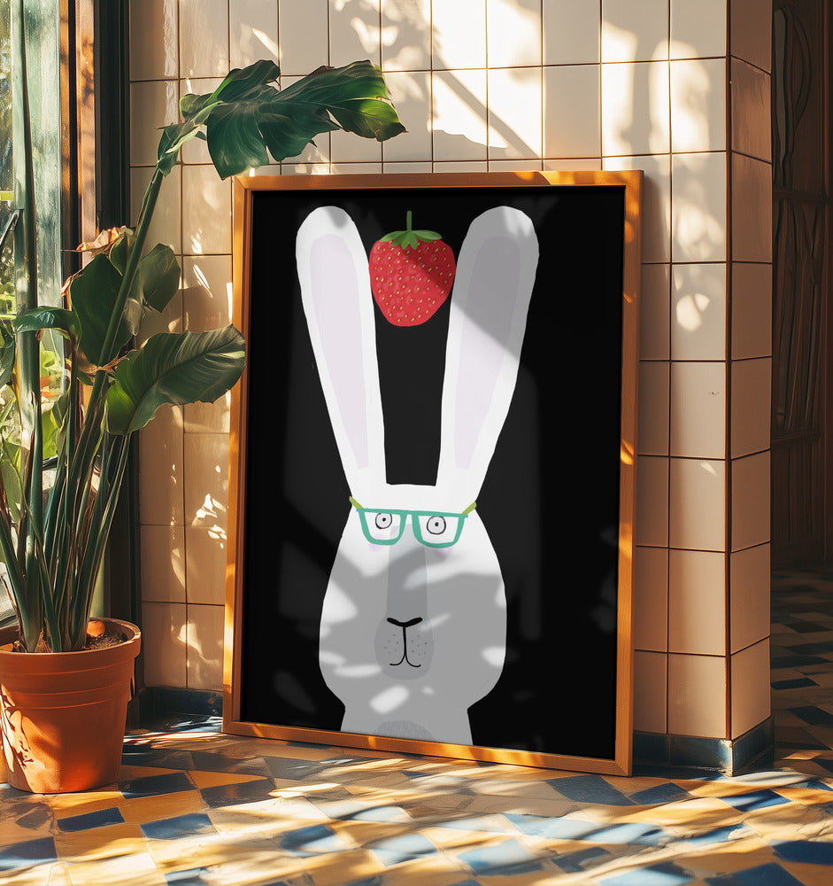 Süßes weißes Kaninchen mit Erdbeere von der Künstlerin Carla Daly | Poster