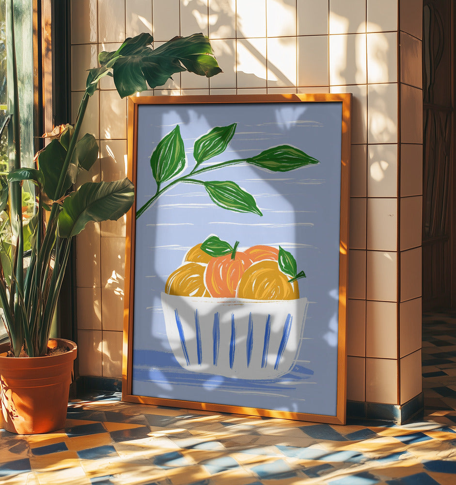 Orangen und Blätter in einer weißen Schüssel | Poster