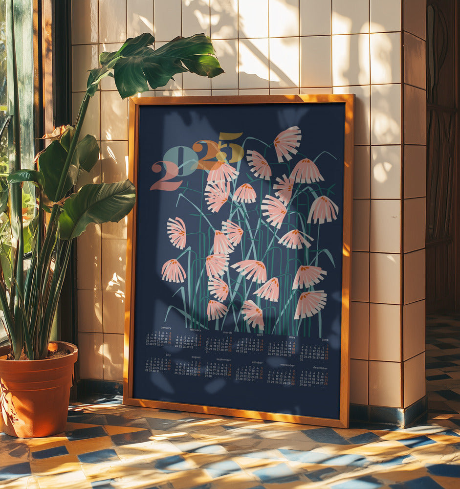 calendar 2025 Linocut flowers blue | Poster