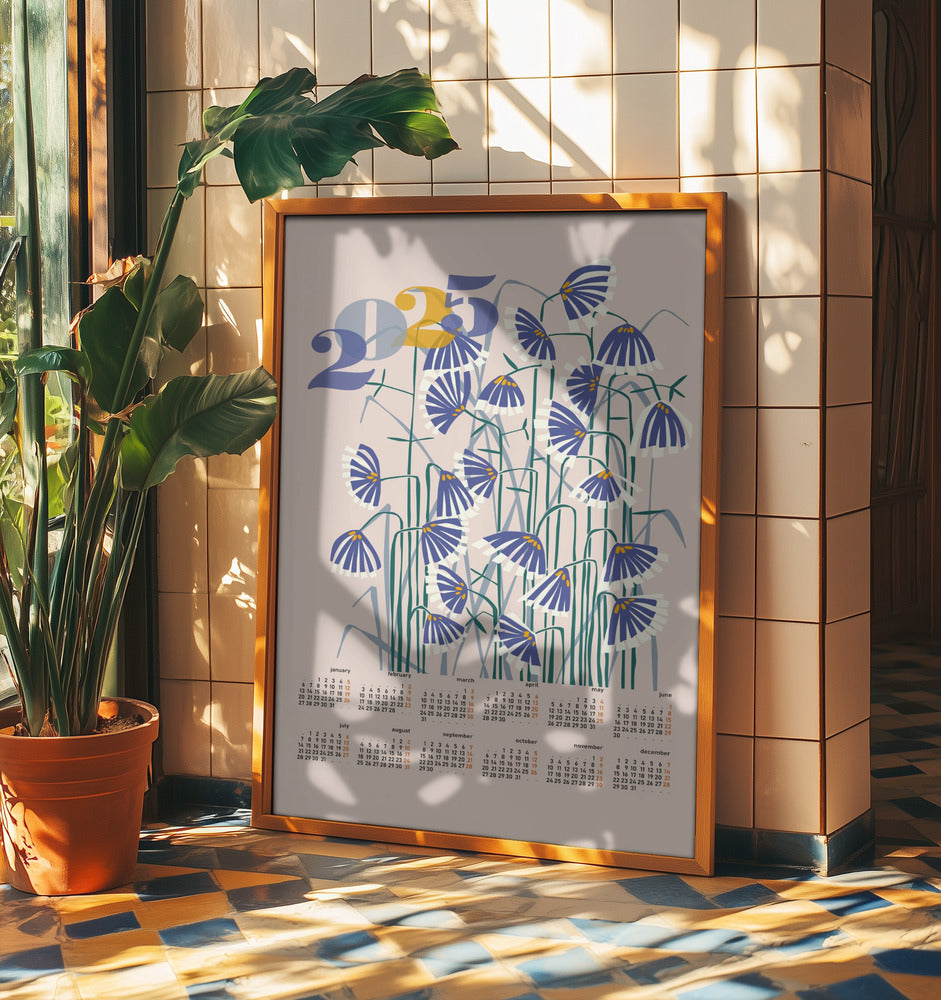 Kalender 2025 Linolschnitt Blumen Pfirsich Pastell | Poster