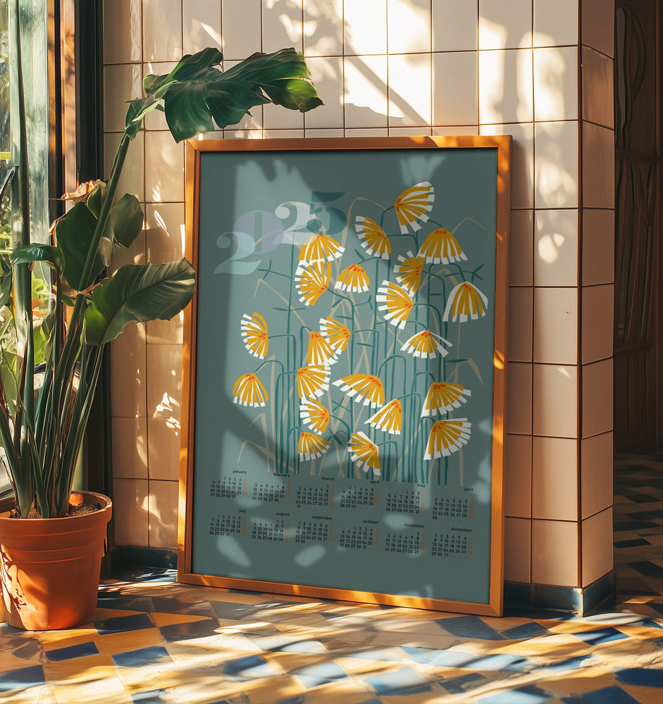 Kalender 2025 Linolschnitt Blumen grün | Poster