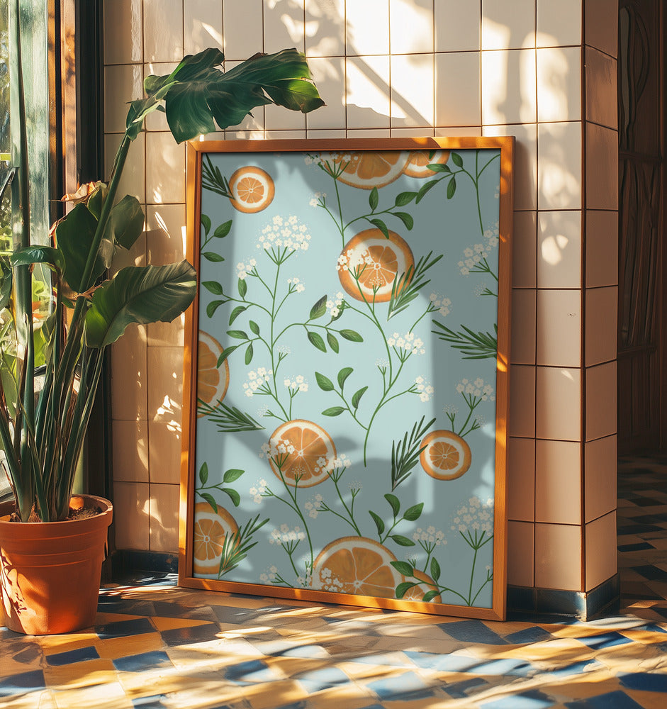 Holunderblüten und Orangen Hellblau | Poster