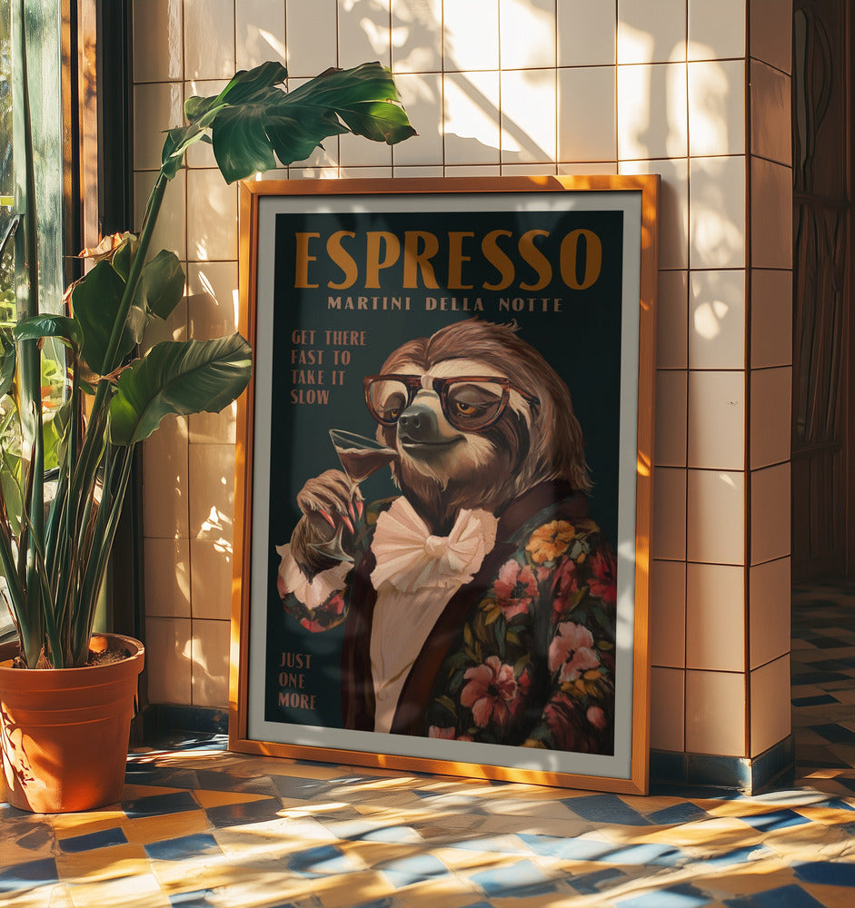 Art Deco Espresso Martini Drinking Sloth | Poster