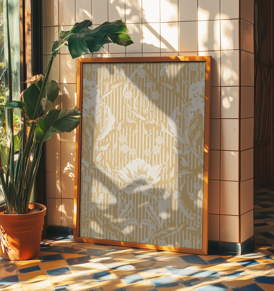 Floral Heritage Morris monochrome stripes yellow pattern | Poster
