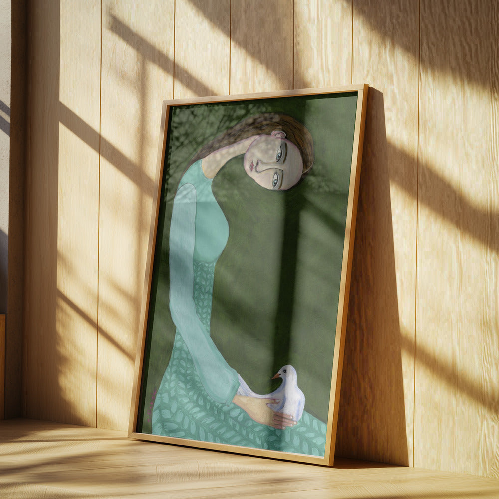 Dame sitzt mit weißer Taube Vogel Frau | Poster