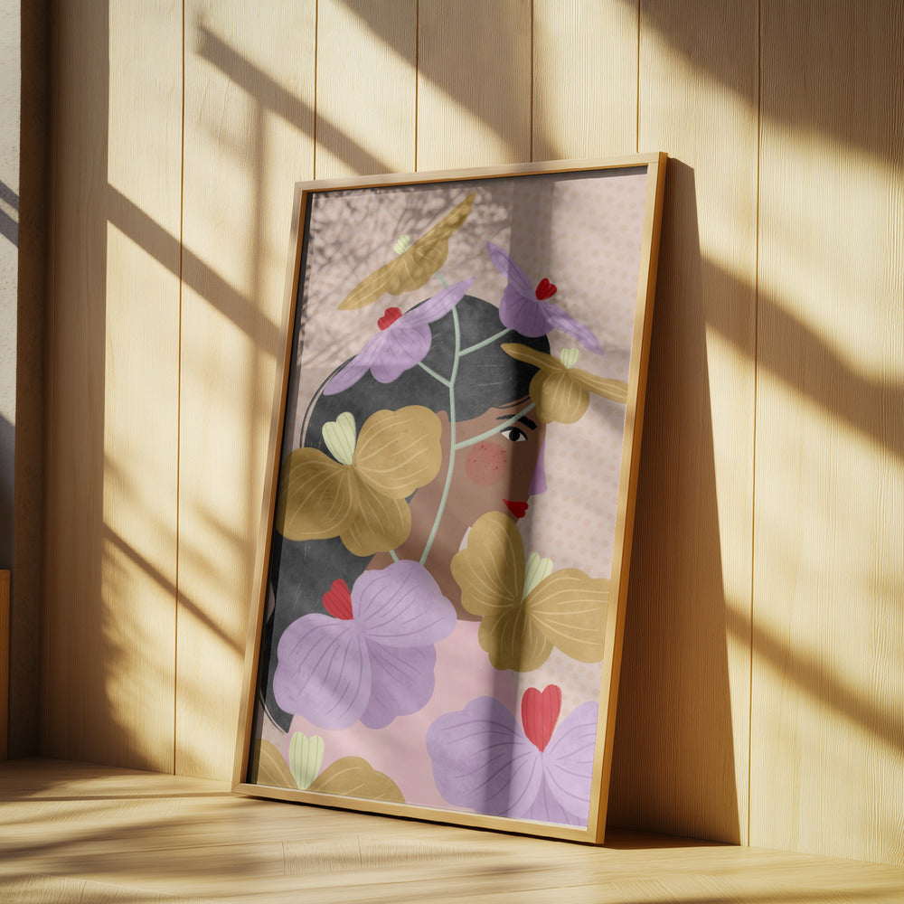Versteckt hinter gelb-lila Blumen | Poster
