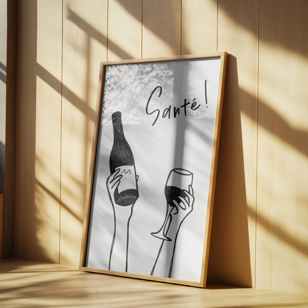 Hände halten eine Weinflasche und ein Weinglas mit dem Text „Prost!“ auf Französisch | Poster