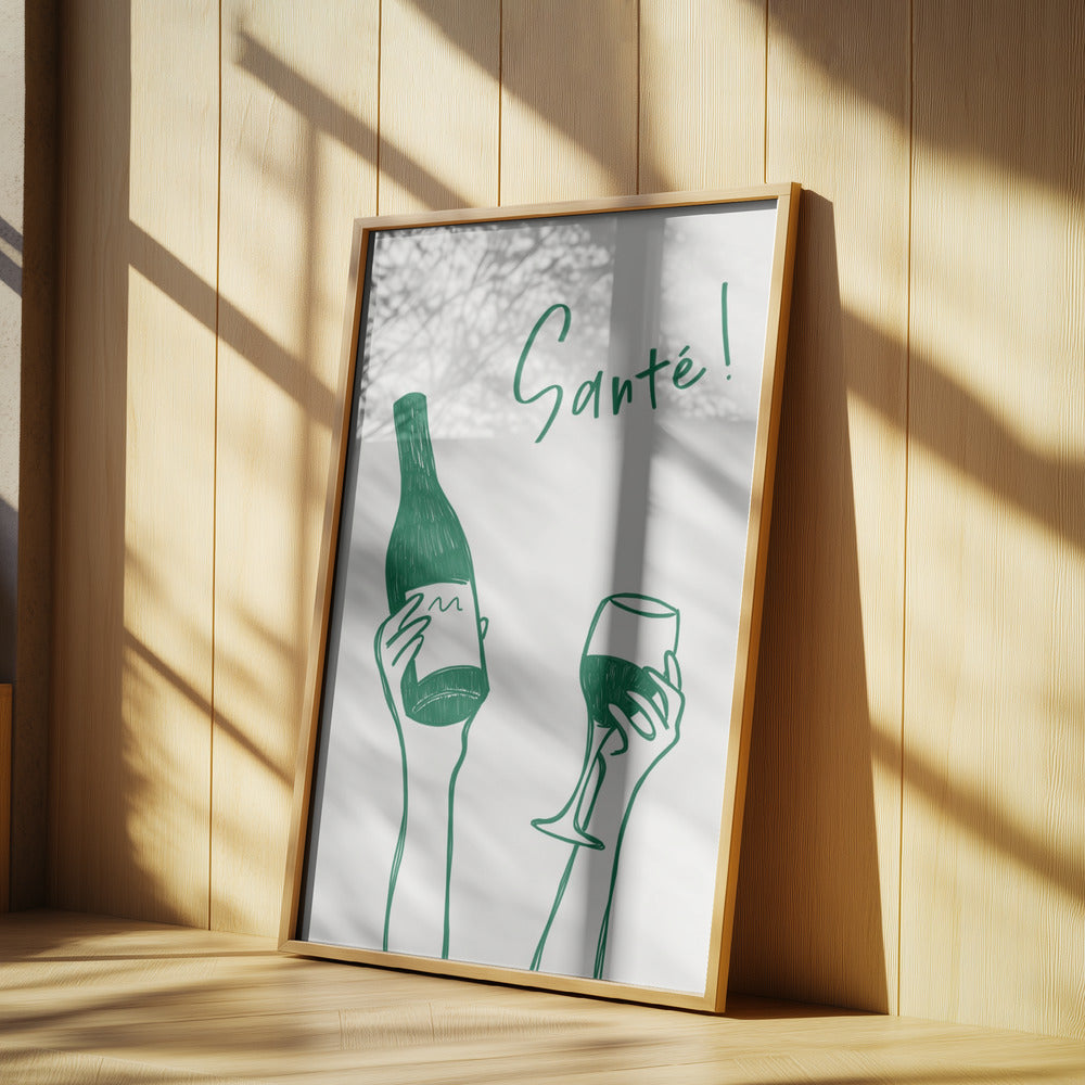 Hände halten eine Weinflasche und ein Weinglas mit dem Text „Prost!“ auf Französisch | Poster