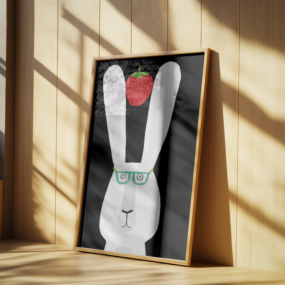 Süßes weißes Kaninchen mit Erdbeere von der Künstlerin Carla Daly | Poster