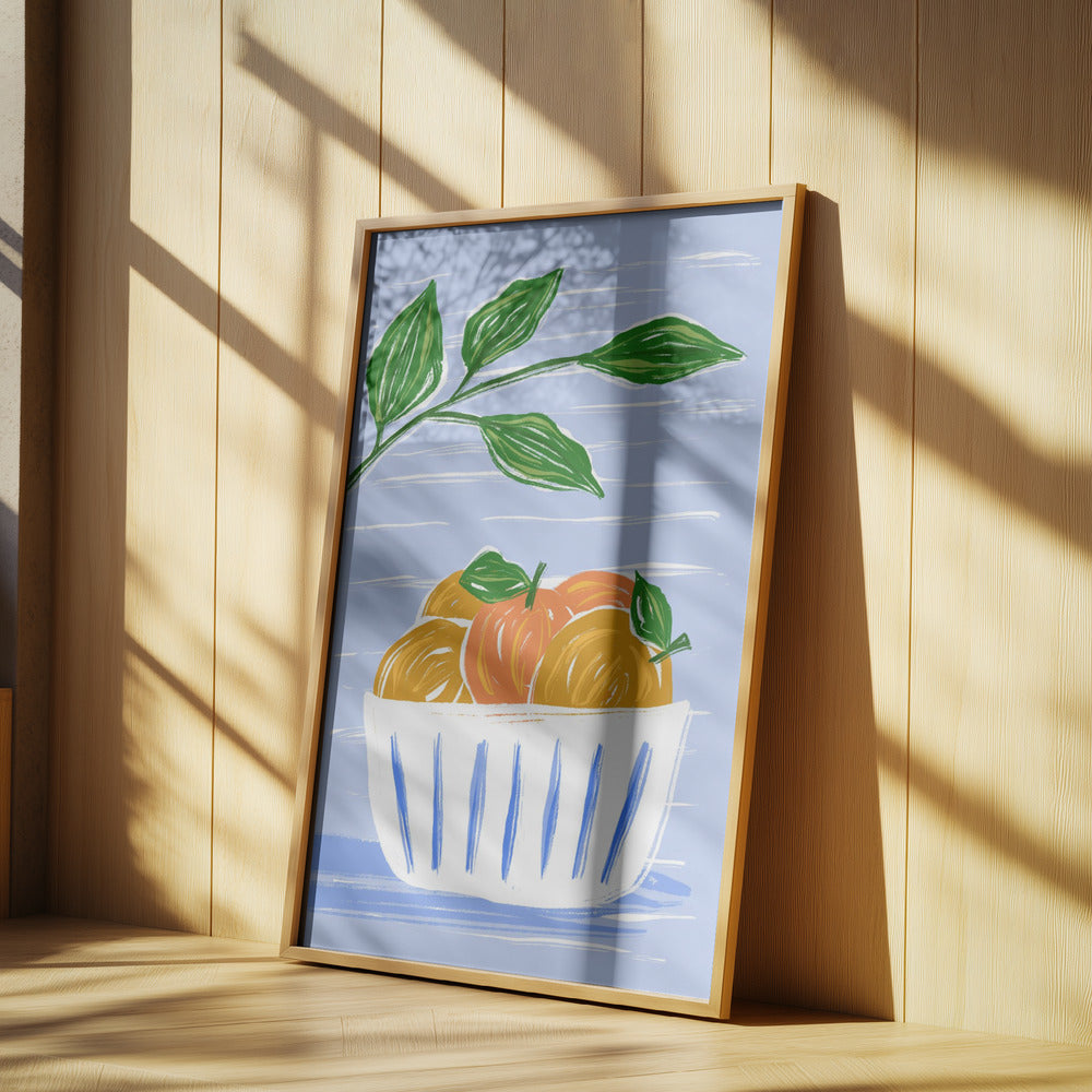 Orangen und Blätter in einer weißen Schüssel | Poster