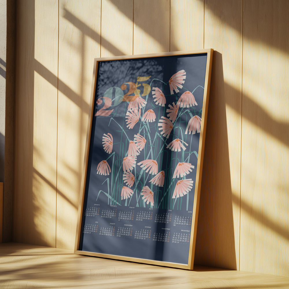 calendar 2025 Linocut flowers blue | Poster