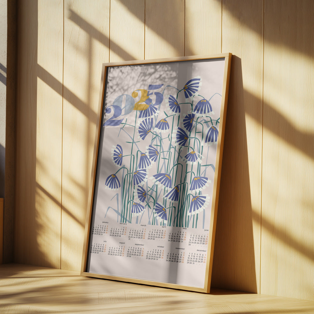Kalender 2025 Linolschnitt Blumen Pfirsich Pastell | Poster