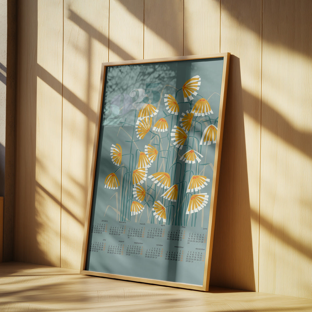 Kalender 2025 Linolschnitt Blumen grün | Poster