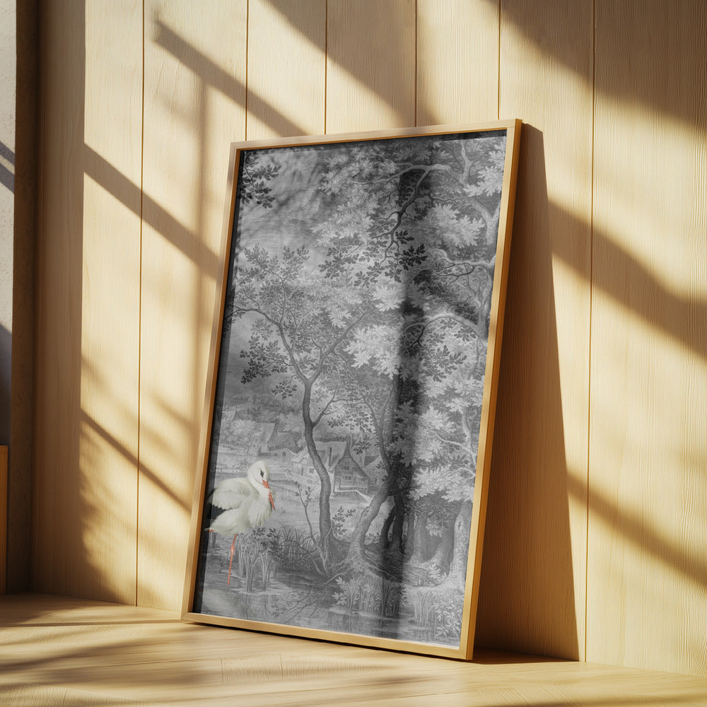Vintage Landschaft mit Storch | Poster