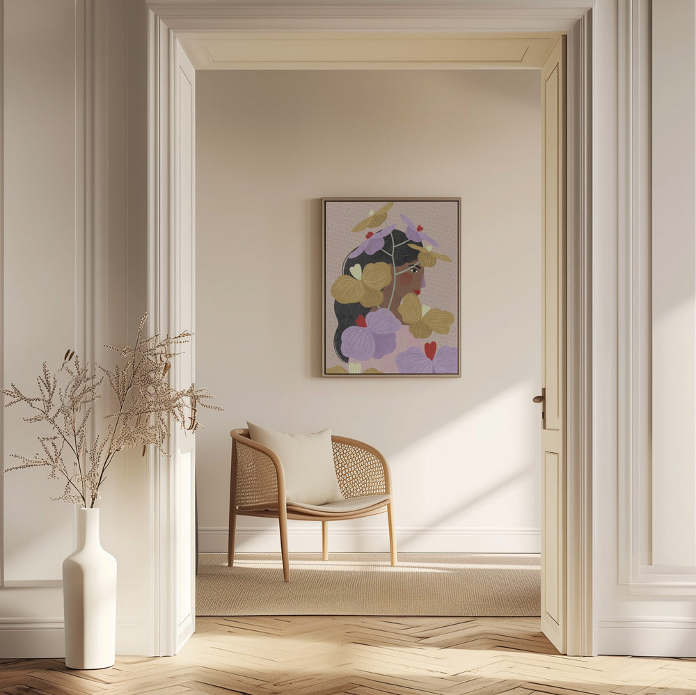 Versteckt hinter gelb-lila Blumen | Poster