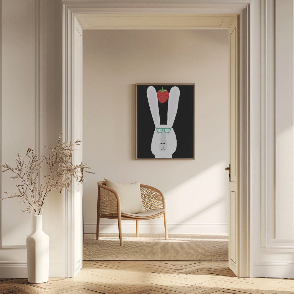 Süßes weißes Kaninchen mit Erdbeere von der Künstlerin Carla Daly | Poster