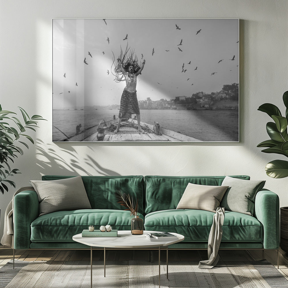 Naga Sadhu posando en un barco en Varanasi | Impresiones en Lienzo