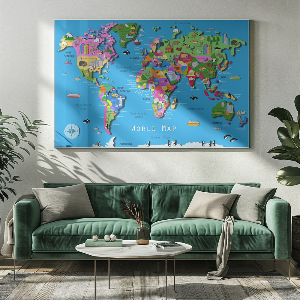 Illustrated World Map with Countries and Continents by Carla Daly | Canvas