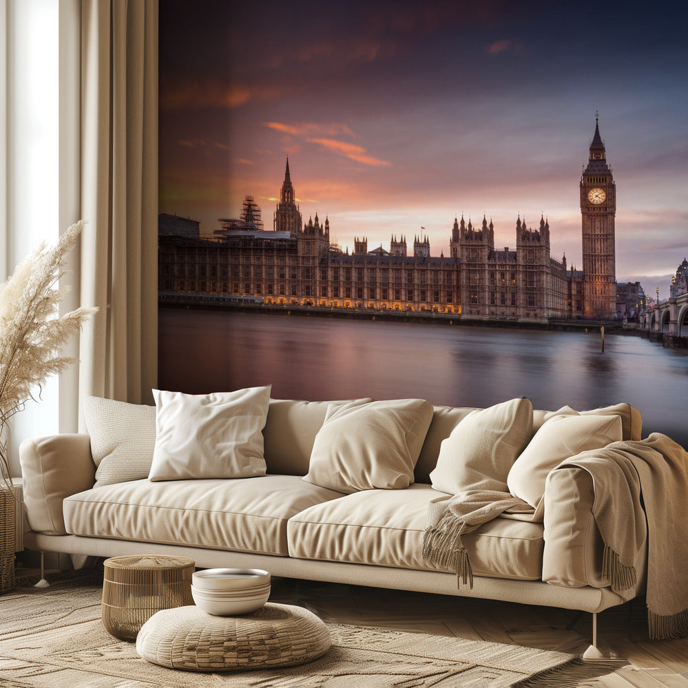 Zachód słońca nad Pałacem Westminsterskim w Londynie | Fototapeta