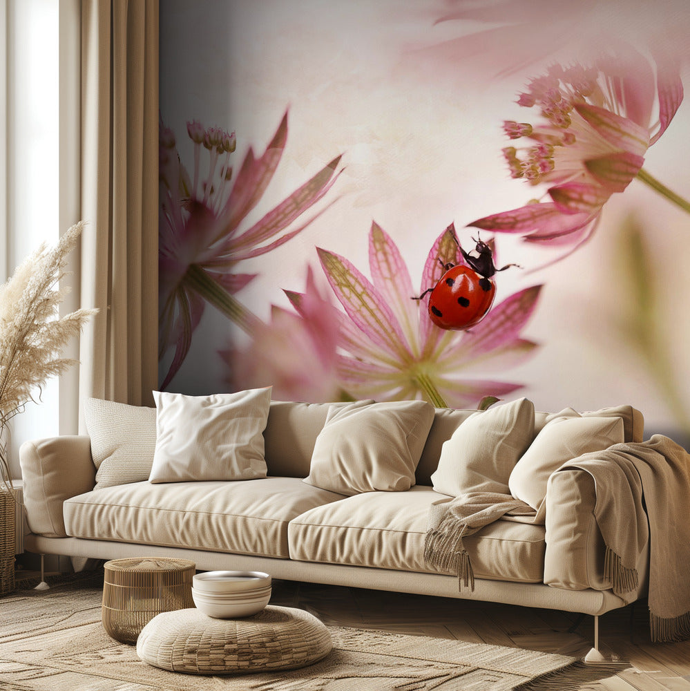 Coccinella e fiori rosa | Carta da Parati Fotografica