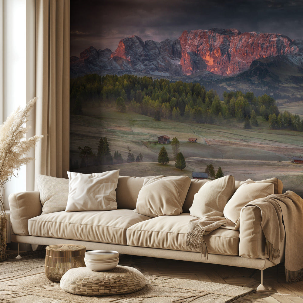 Burning mountains over the frozen valley | Wallpaper