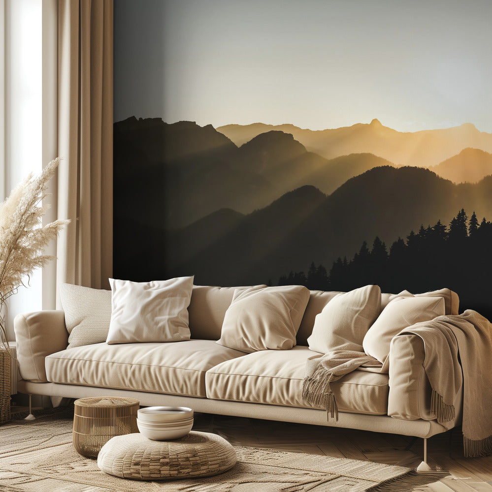 Auringonlaskun auringonsäteet vuorten yli | Valokuvatapetit