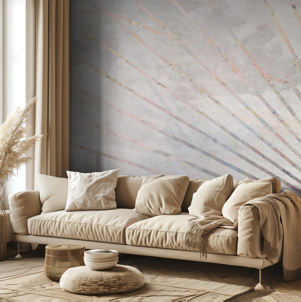 Gold geometric sun rays mural concrete | Wallpaper