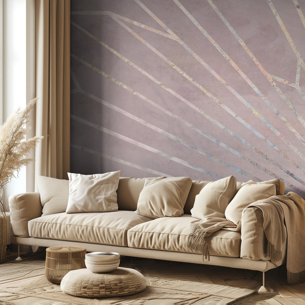 Gold geometric sun rays mural pink | Wallpaper