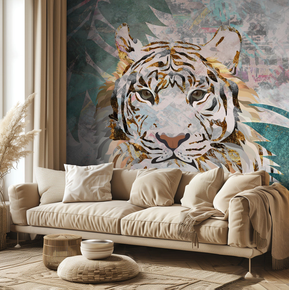 Tiikeri grunge trooppinen palmu seinämaalaus | Valokuvatapetit