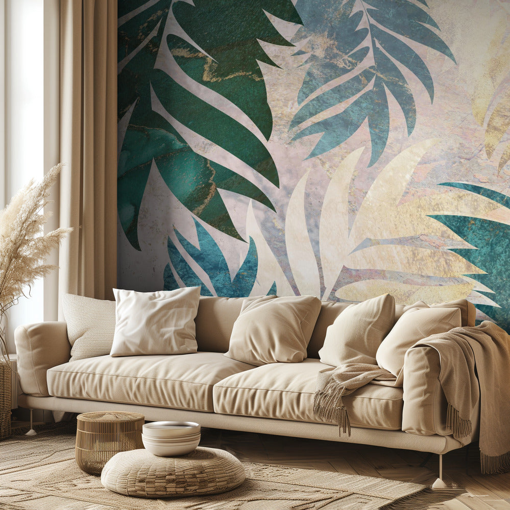 Marble gold green leaves mural | Wallpaper