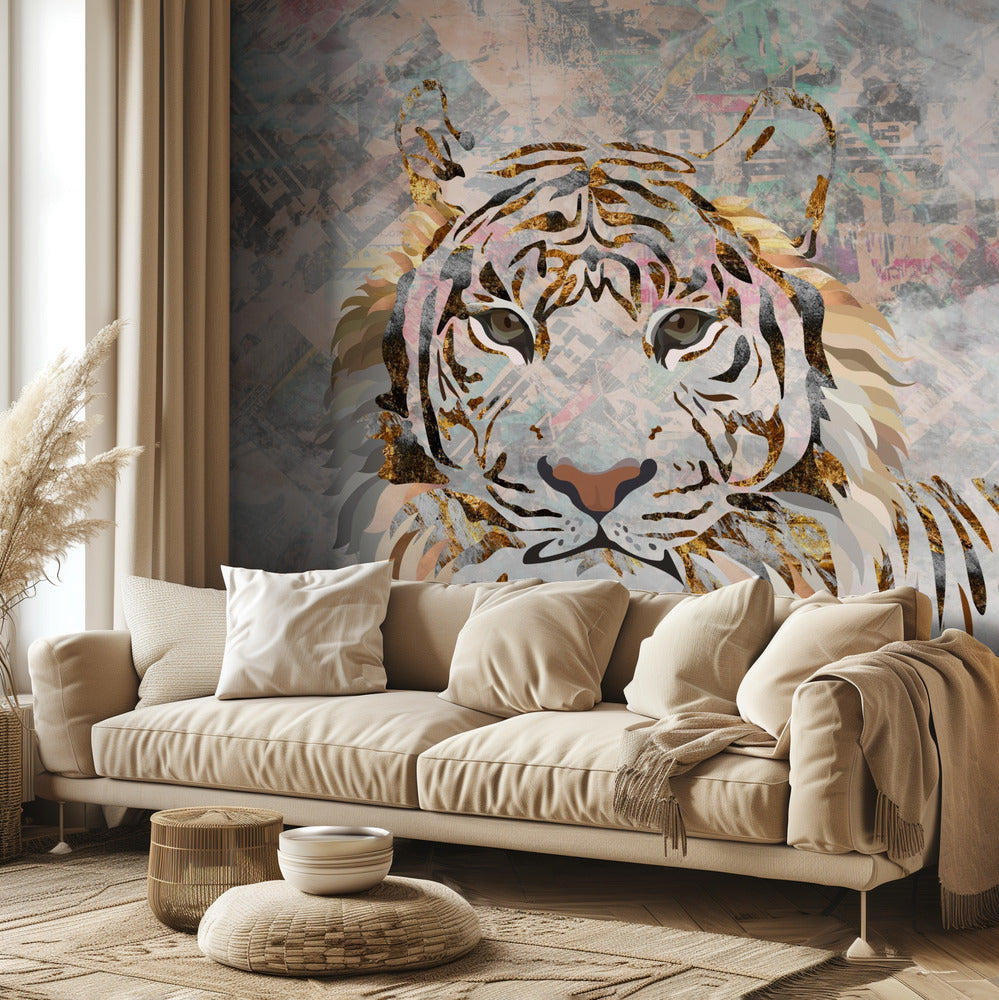 Tiger grungy gold mural | Wallpaper