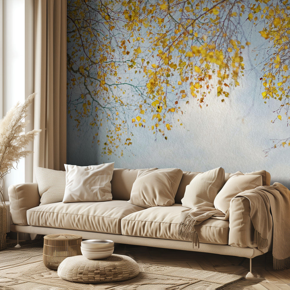 Hopeakoivun lehdet sinisellä taivaalla | Valokuvatapetit