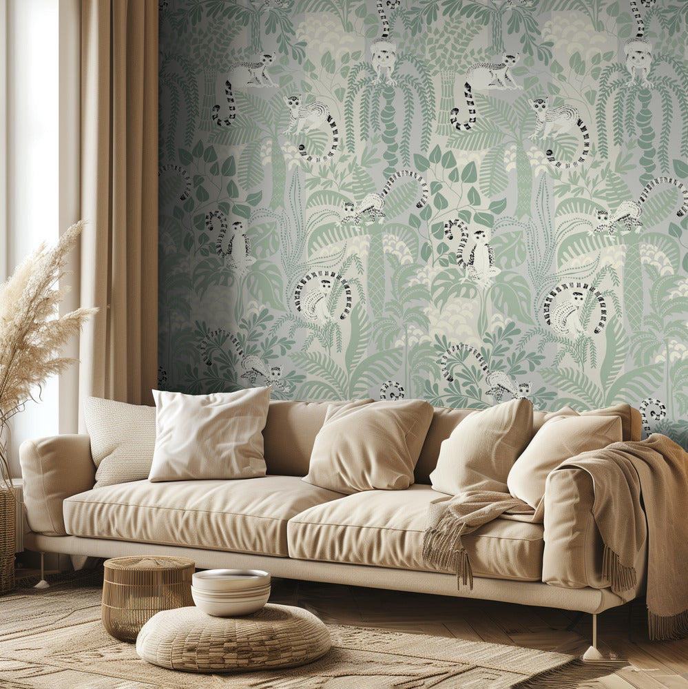 Przygoda w dżungli, miękki wzór w kolorze szałwii | Fototapeta