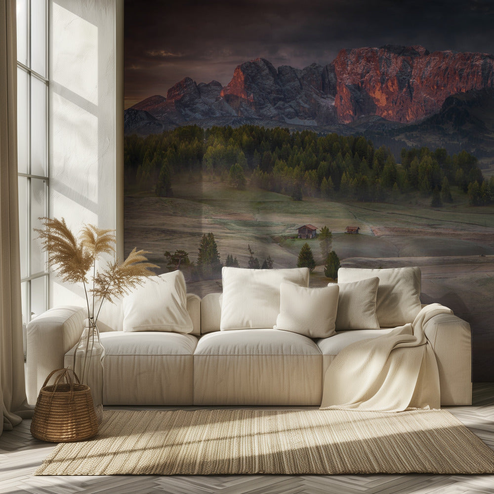 Burning mountains over the frozen valley | Wallpaper