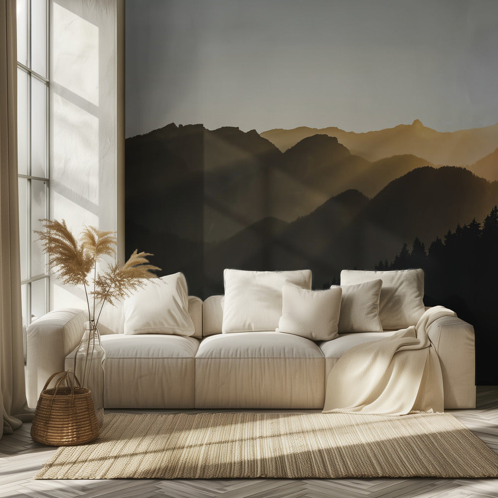 Auringonlaskun auringonsäteet vuorten yli | Valokuvatapetit