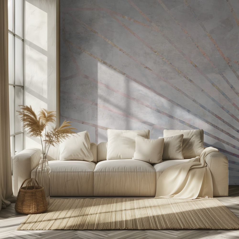 Gold geometric sun rays mural concrete | Wallpaper